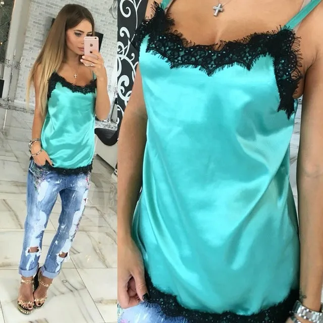 Sexy Camis Summer Lace Patchwork Vest Top 2017 Newly Fashion Women Solid Casual Sleeveless Tank Tops T-Shirt 4 Colors Tops GV554