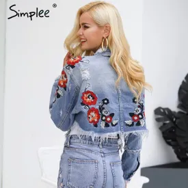 Simplee Flower embroidery denim jacket coat women Vintage autumn winter basic jackets 2017 Casual ripped jean jacket outerwear