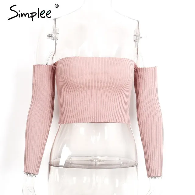 Simplee Sexy slash neck knitted top tees Women black short sleeve bustier crop top Party white tops tank slim female camisole