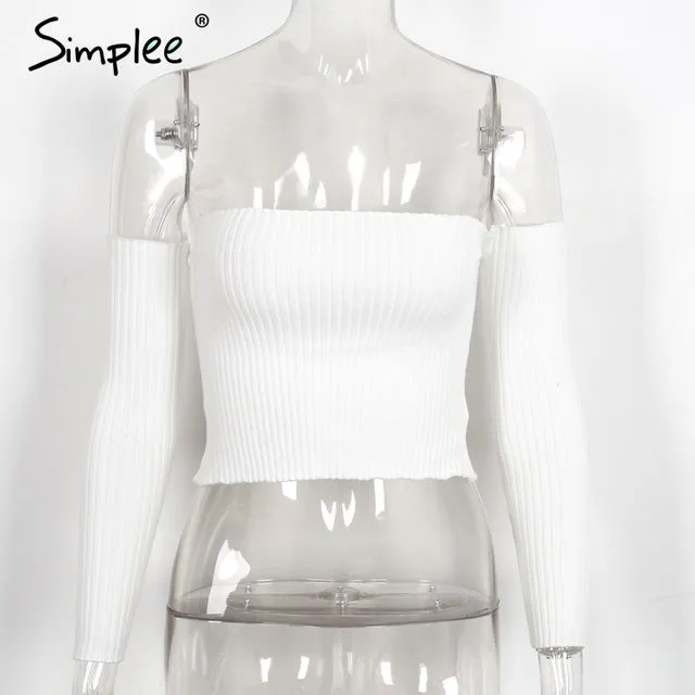 Simplee Sexy slash neck knitted top tees Women black short sleeve bustier crop top Party white tops tank slim female camisole