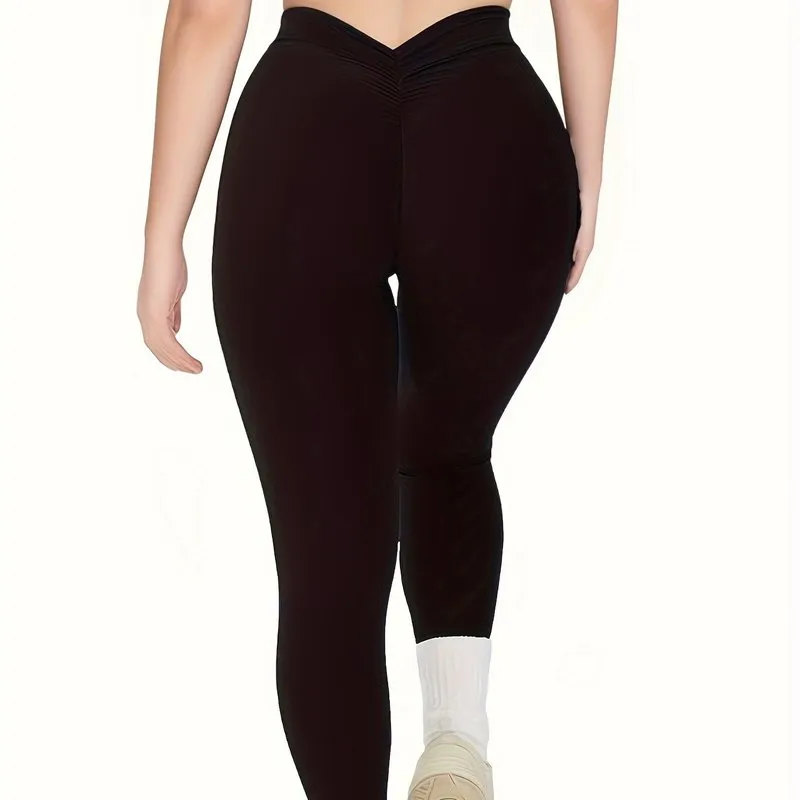 Sleek Support Women's Plus V-shaped Waist Plain Black Ruched Bust Sports Leggings