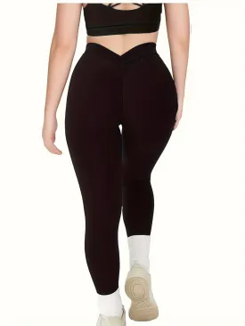 Sleek Support Women's Plus V-shaped Waist Plain Black Ruched Bust Sports Leggings