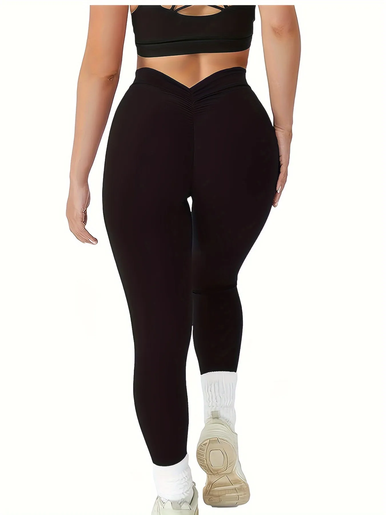 Sleek Support Women's Plus V-shaped Waist Plain Black Ruched Bust Sports Leggings