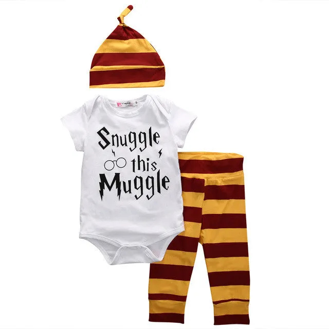 Snuggle this Muggle Bodysuit Stripe Pants Hat Outfits Clothes Sets 0-18M New Year 3PCS Baby Clothing Set Newborn Baby Boys Girls