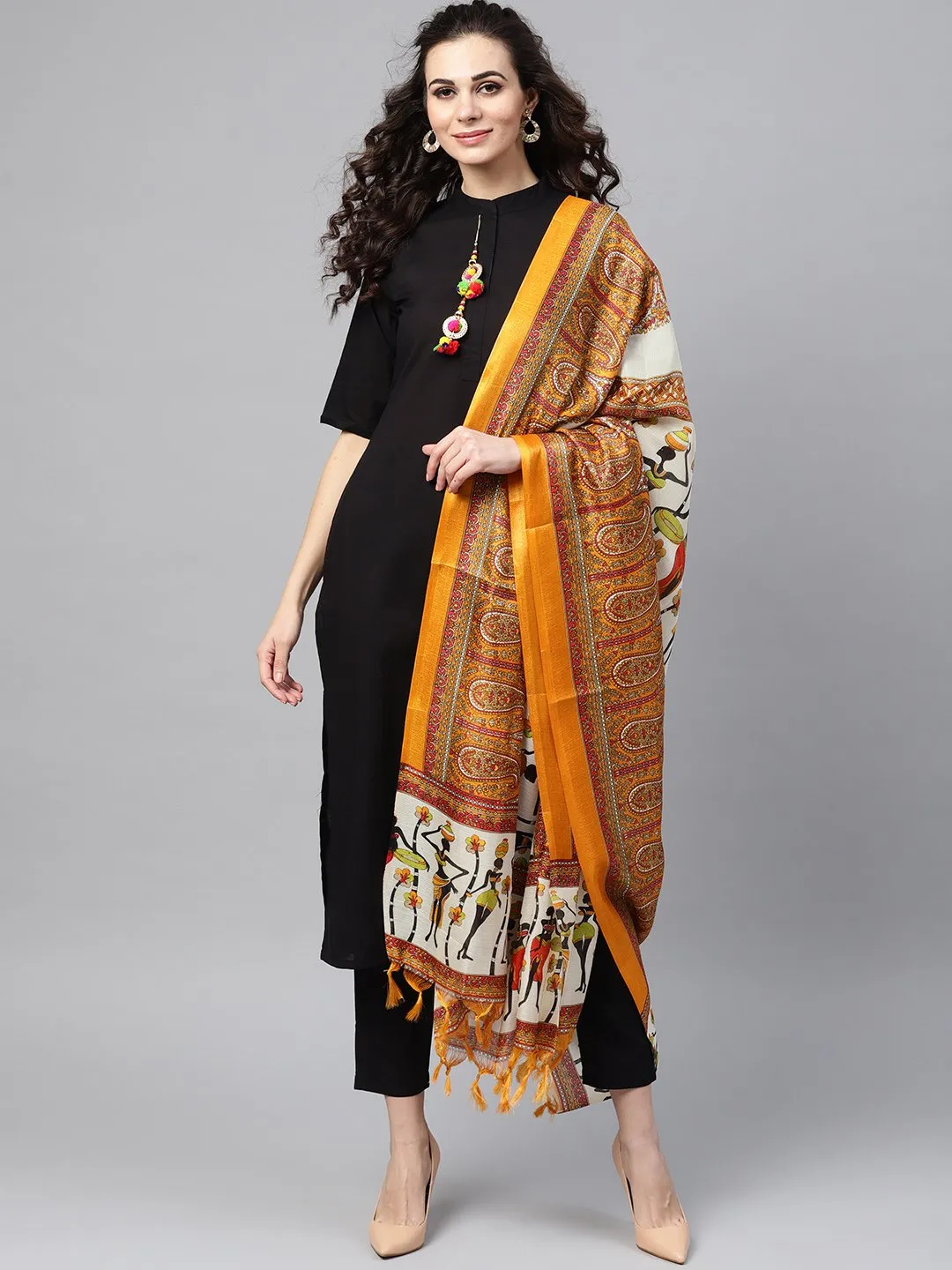 Solid Black Kurta Set With Pants & Bhagalpuri Multi Colored Dupatta