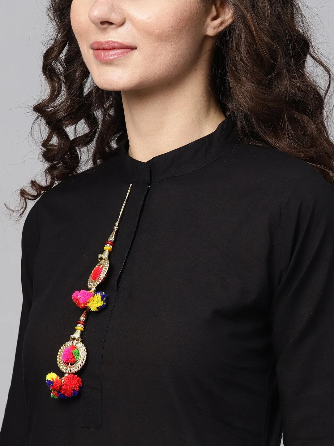 Solid Black Kurta Set With Pants & Bhagalpuri Multi Colored Dupatta