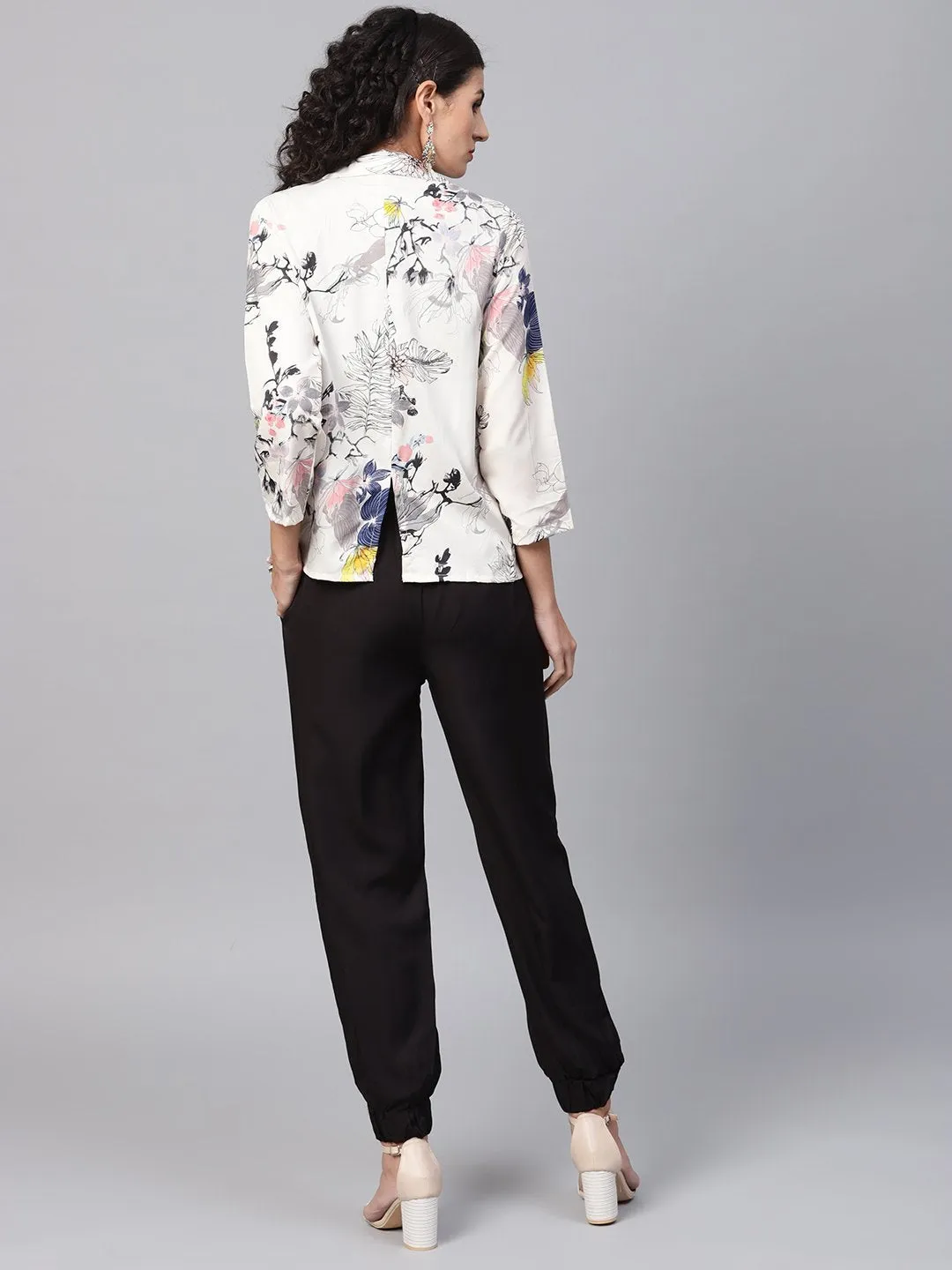 Solid Black Tops And Palazzo With Cream Floral Printed Jacket