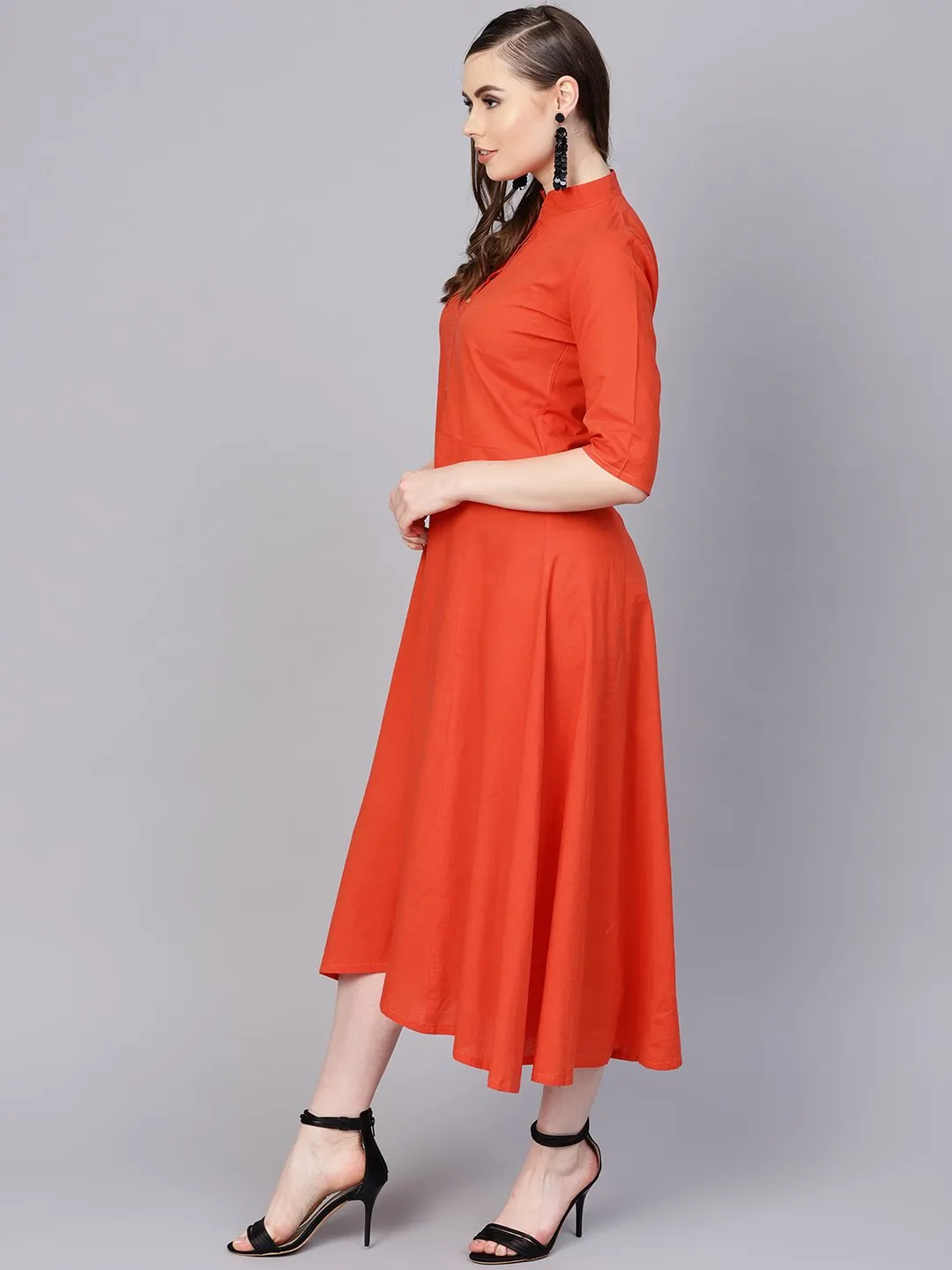 Solid Orange Maxi Dress With Madarin Collar & 3/4 Sleeves