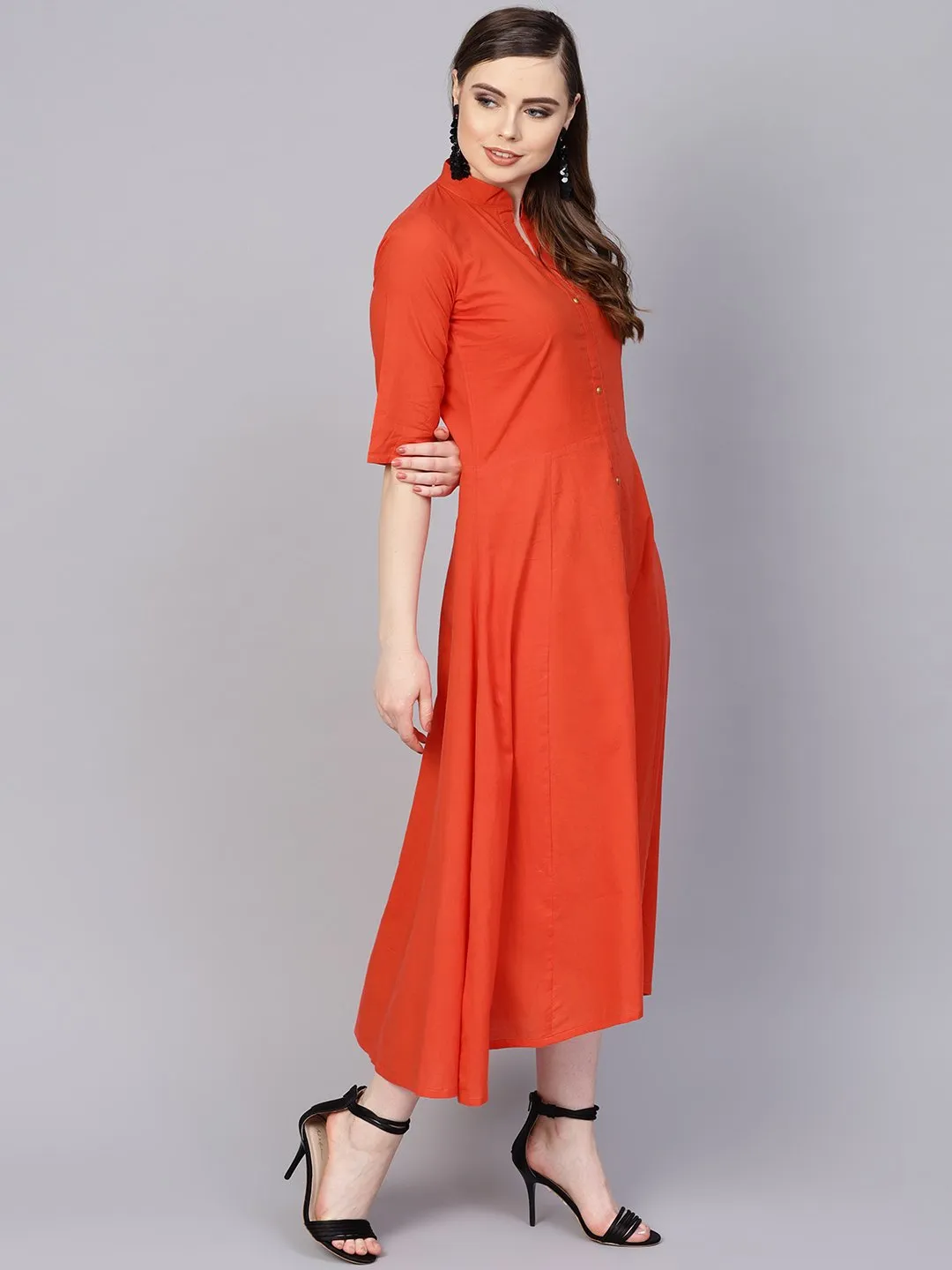 Solid Orange Maxi Dress With Madarin Collar & 3/4 Sleeves