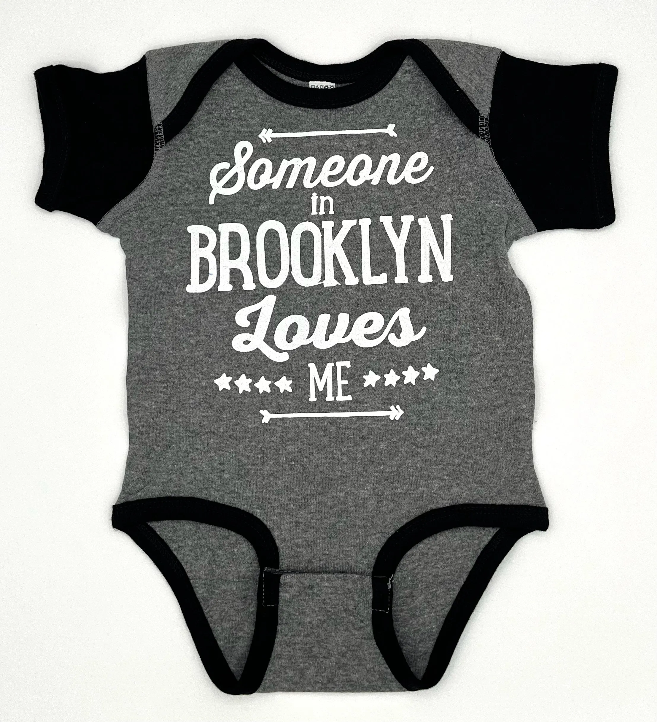 Someone in Brooklyn loves me Baby Onesie 6M Black/Gray raglan sleeves