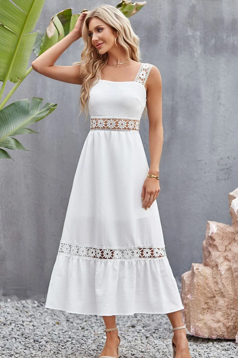 Spliced Lace Square Neck Sleeveless Midi Dress