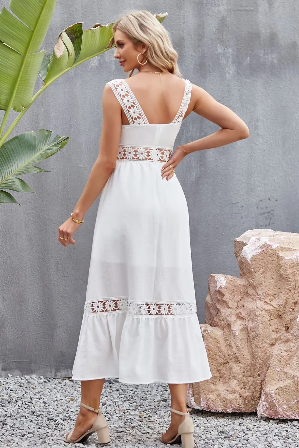 Spliced Lace Square Neck Sleeveless Midi Dress