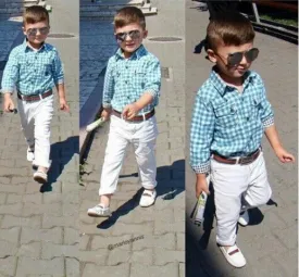 ST154 2015 new fashion boys clothes set kids loose-fitting cotton plaid shirt  pants  belt 3 pcs minion kids clothing set retail