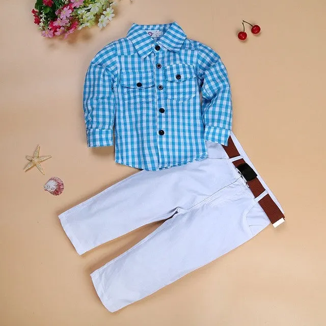 ST154 2015 new fashion boys clothes set kids loose-fitting cotton plaid shirt  pants  belt 3 pcs minion kids clothing set retail