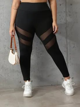 Stretch and Style Women's Plus Contrast Mesh Wide Waistband Sports Leggings