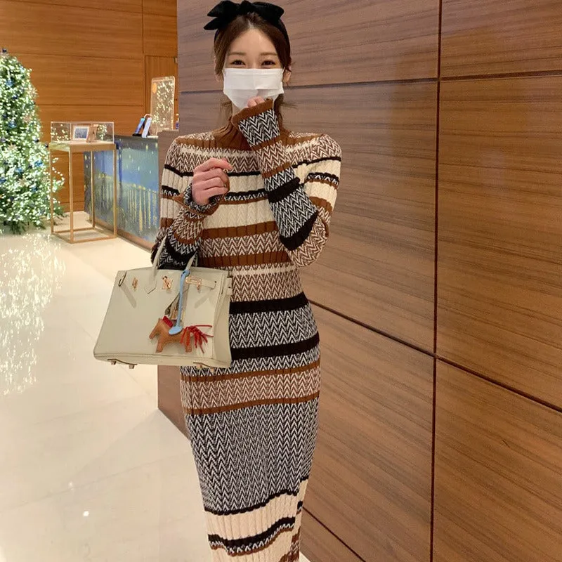 Striped Long Sleeves Midi Sweater Dress