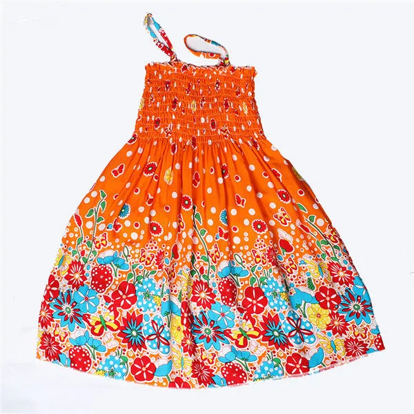 Summer Bohemian Style Girls Dress Floral Shoulderless Beading Necklace Sundress For Girls Beach Dress Clothes Vestido Infantil