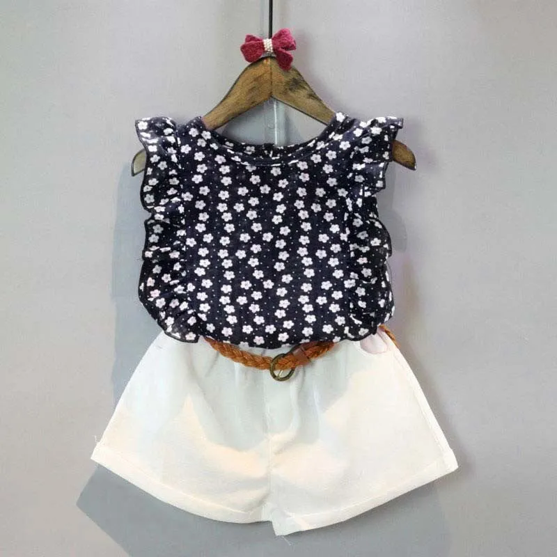 Summer Toddler Kids Baby Girls Clothes Sets Floral Chiffon Polka Dot Sleeveless T-shirt Tops Shorts Outfits L16