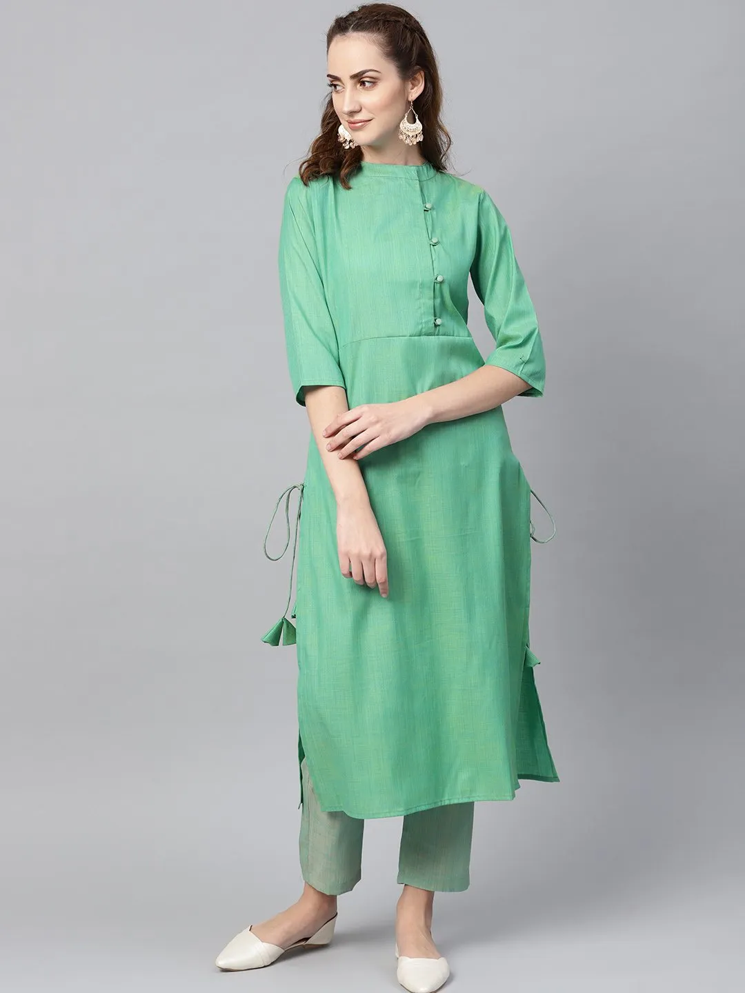 Turquoise Green Straight 3/4Th Sleeve Cotton Kurta Set With Pants