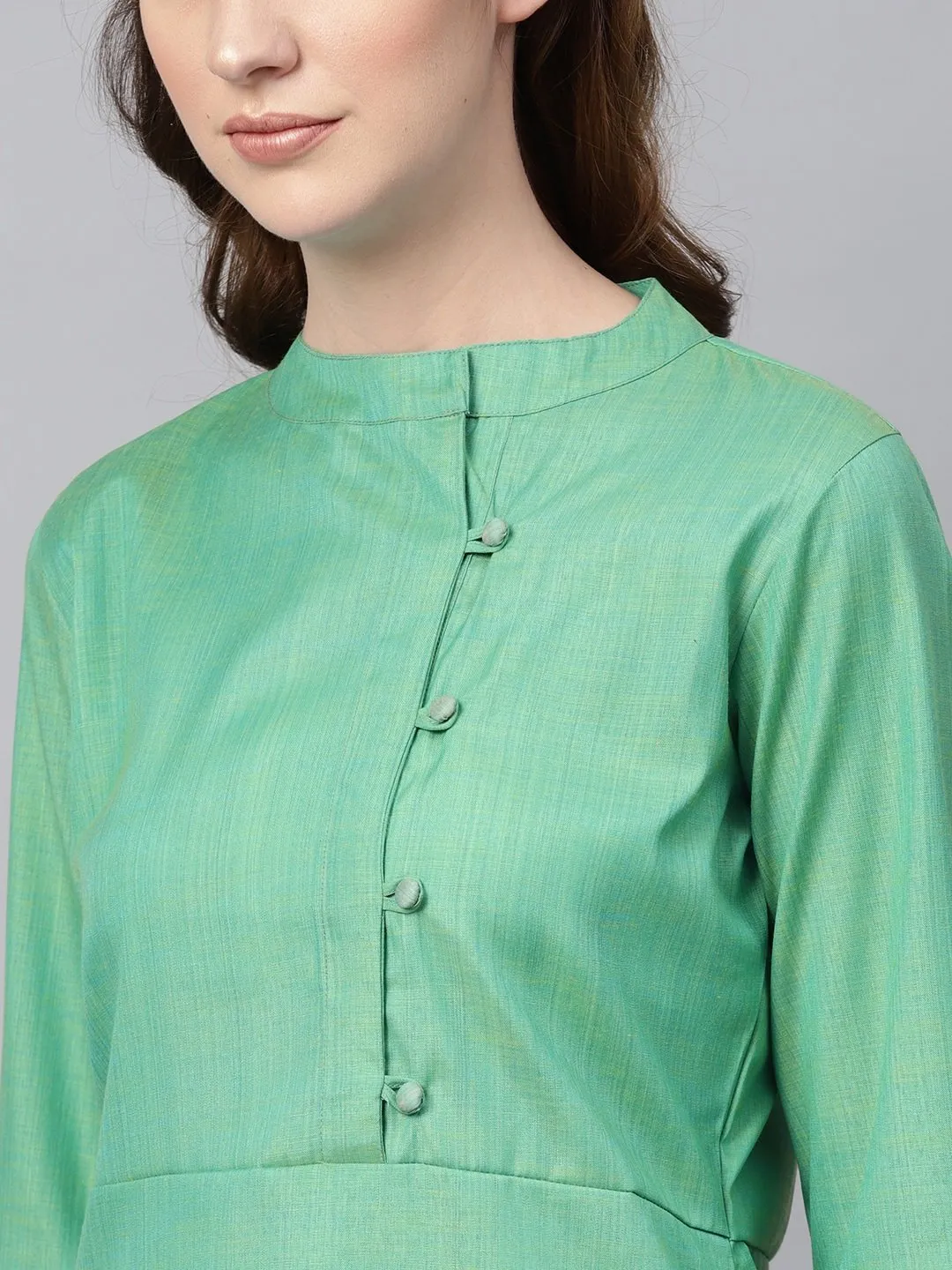 Turquoise Green Straight 3/4Th Sleeve Cotton Kurta Set With Pants