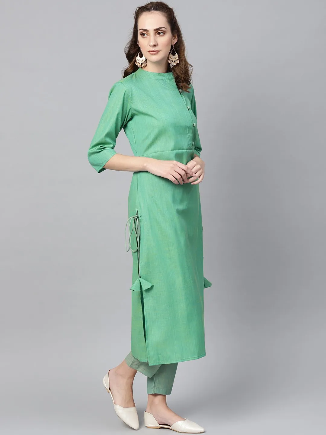 Turquoise Green Straight 3/4Th Sleeve Cotton Kurta Set With Pants