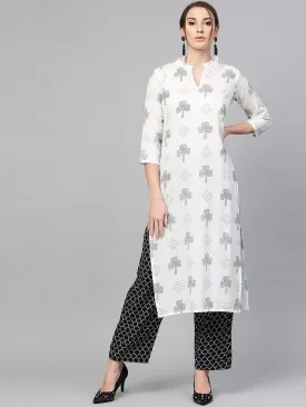 White & Navy Blue Printed Kurta Set With Pants