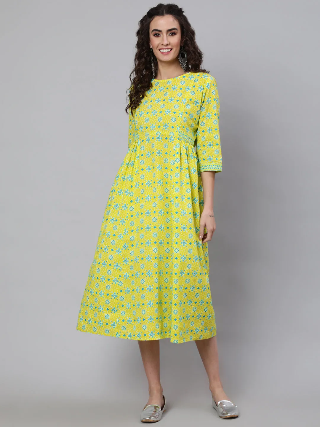 Wome Yellow Ethnic Printed Flared Dress With Three Quarter Sleeves