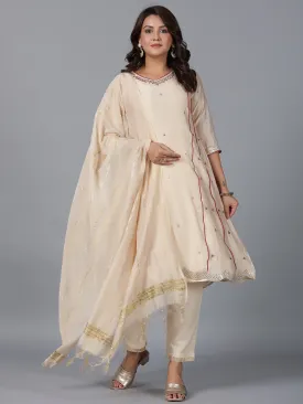 Women Beige Chanderi Embroidered Kurta, Pants & Dupatta Set