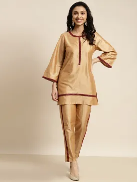 Women Beige Mirror Lace Kurta With Pencil Pants