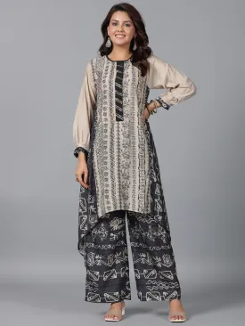 Women Beige Muslin Printed Kurta & Pants Set