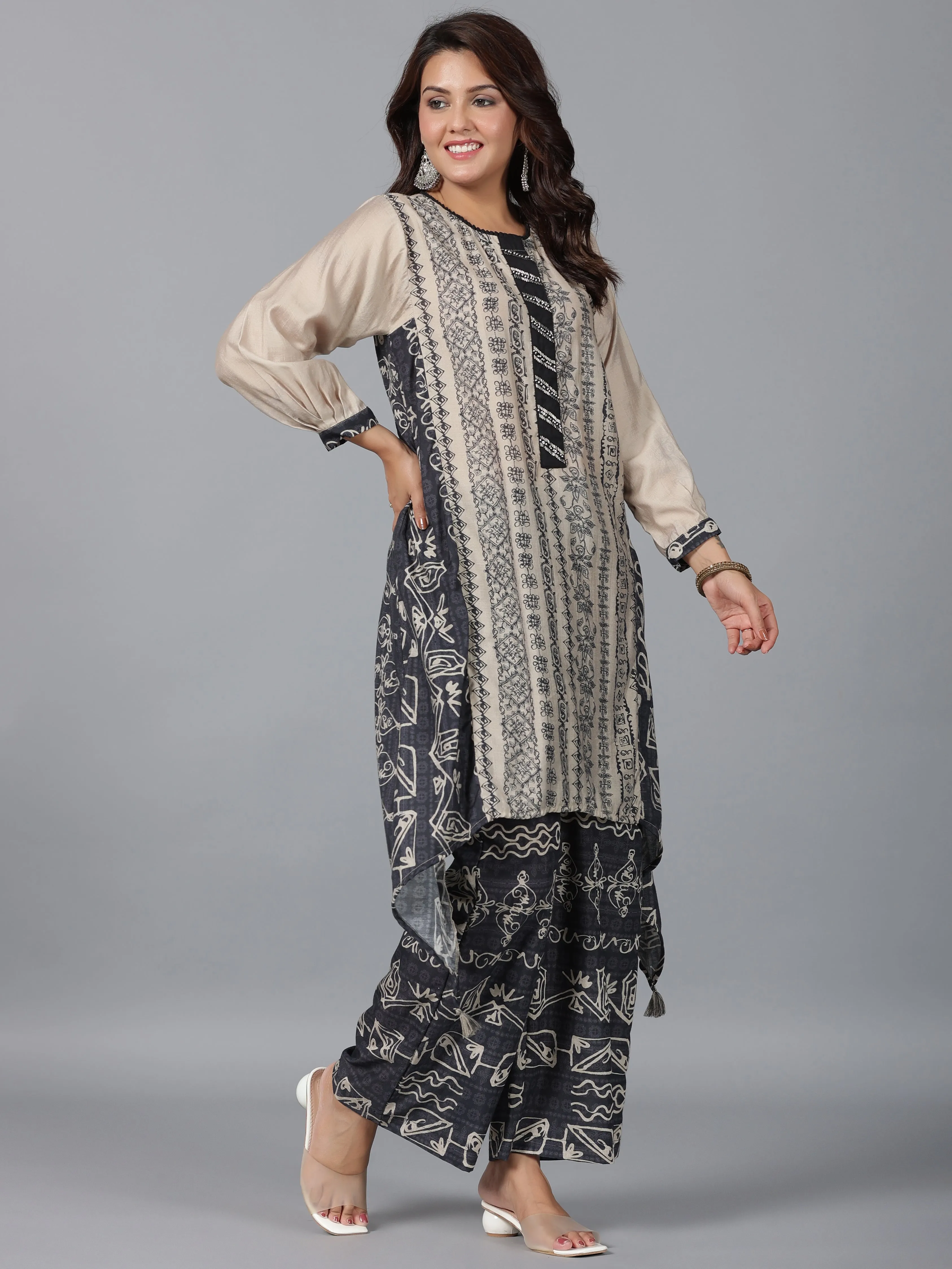 Women Beige Muslin Printed Kurta & Pants Set