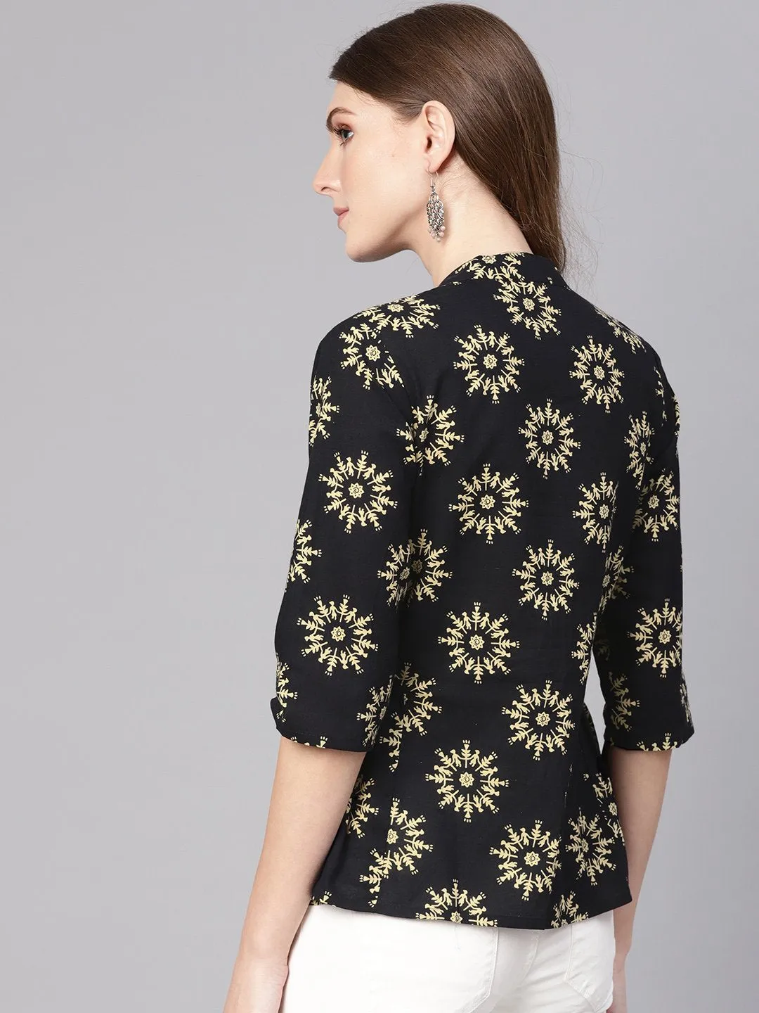 Women Black & Cream-Coloured Printed Shirt Style Top