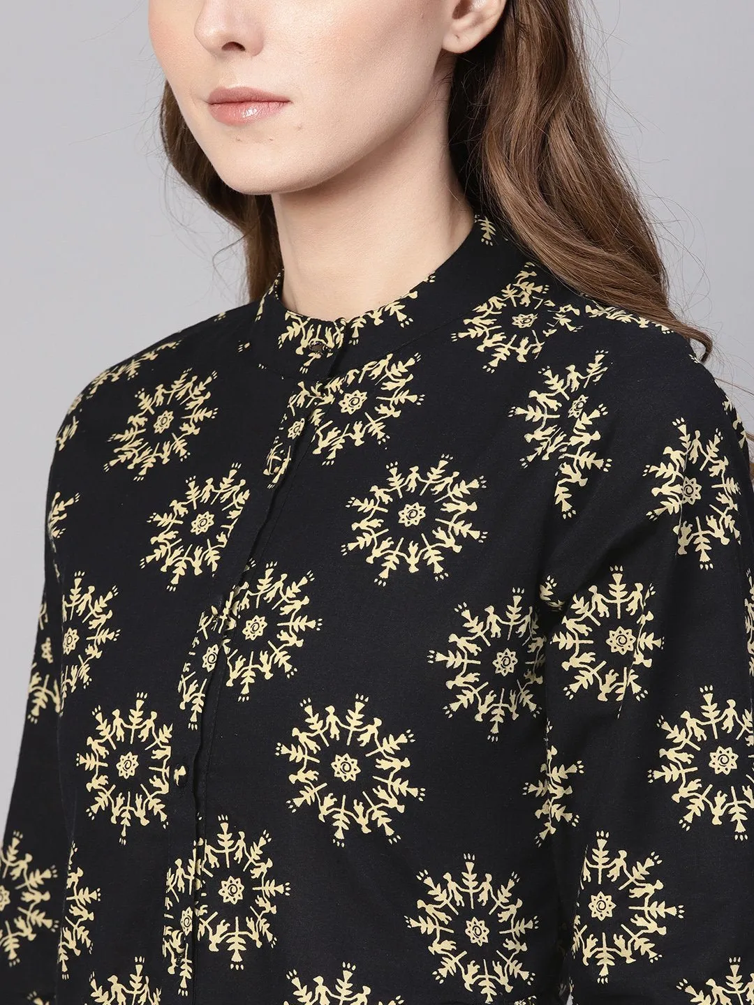 Women Black & Cream-Coloured Printed Shirt Style Top