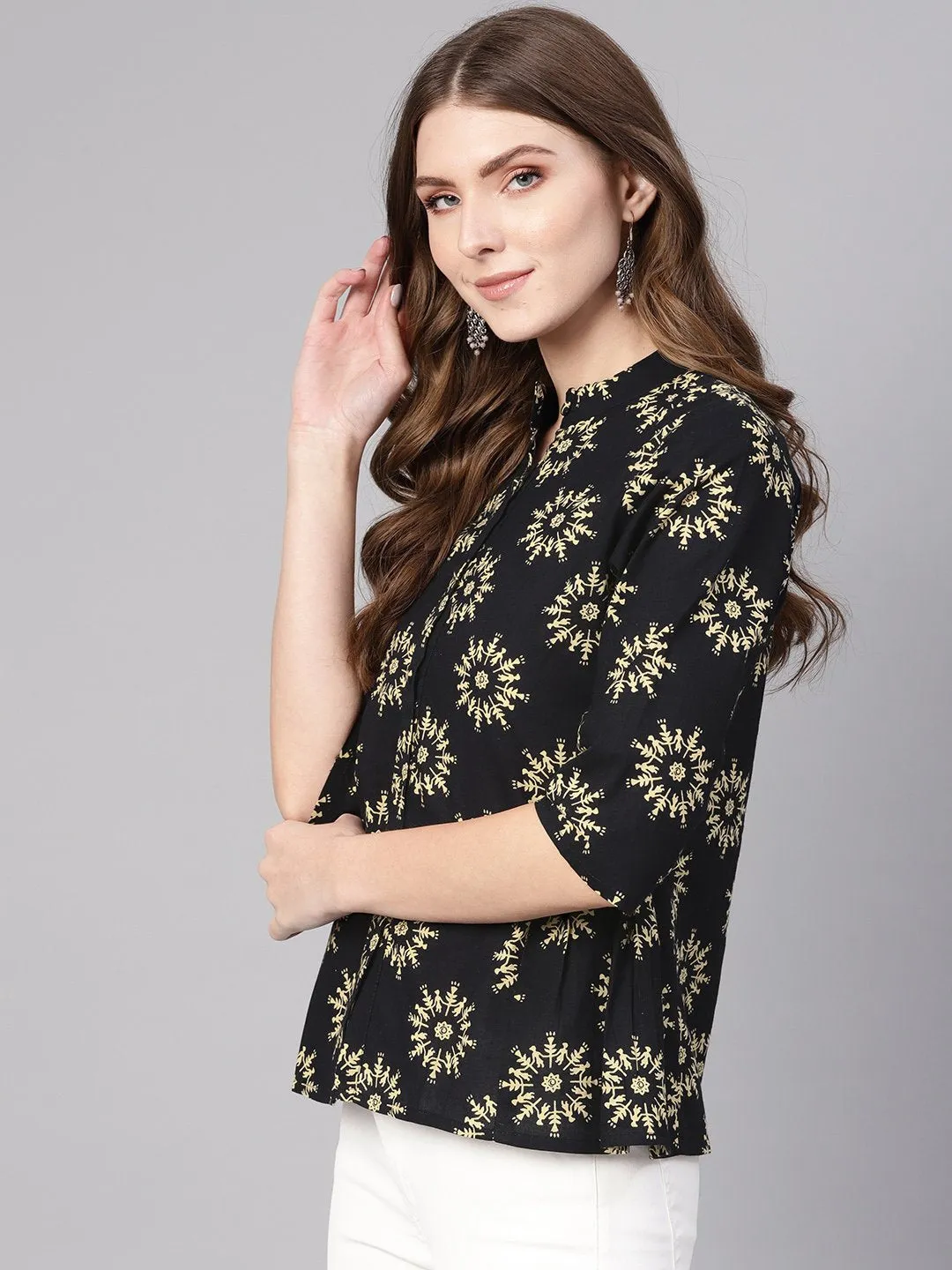 Women Black & Cream-Coloured Printed Shirt Style Top