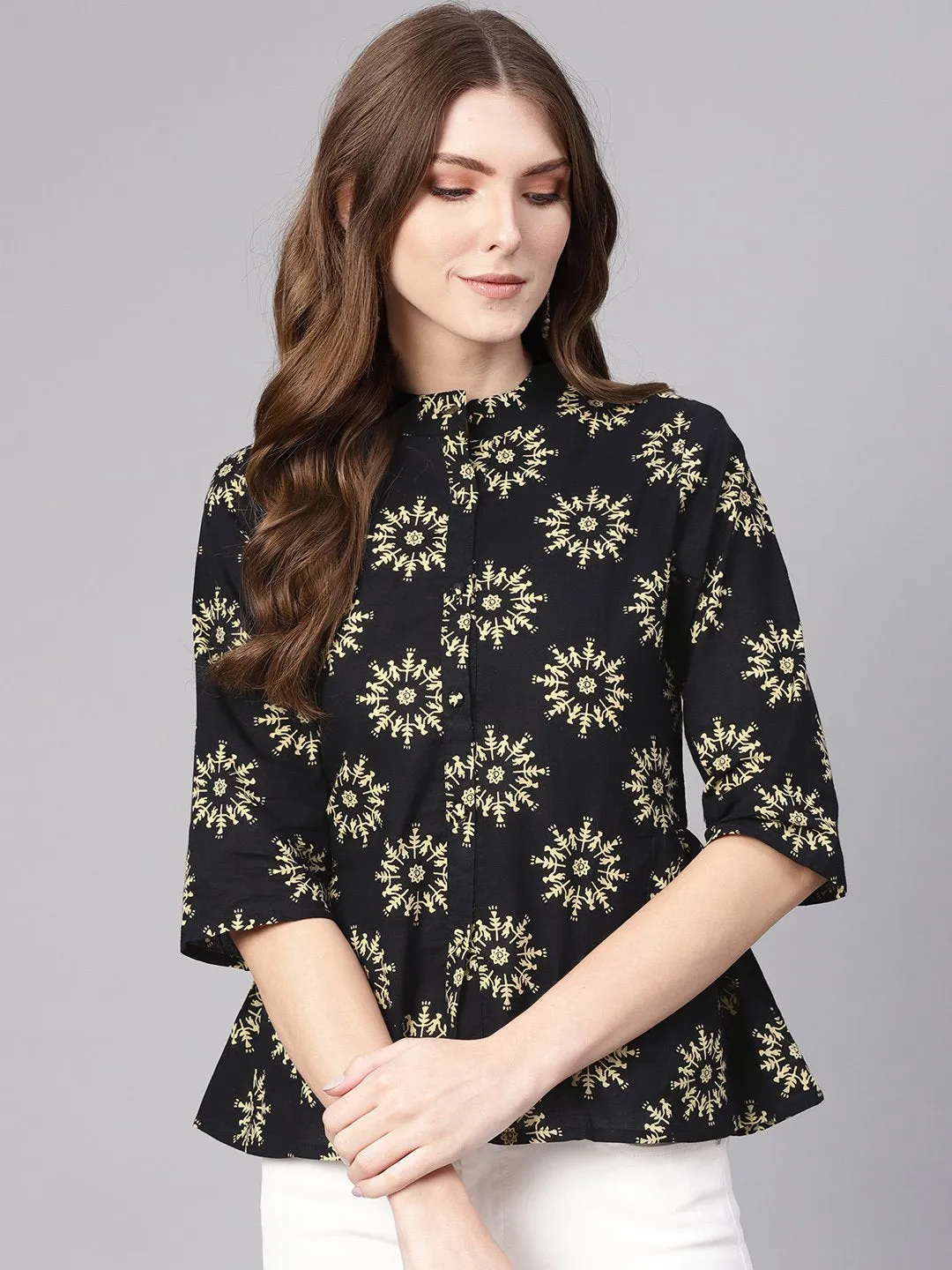 Women Black & Cream-Coloured Printed Shirt Style Top