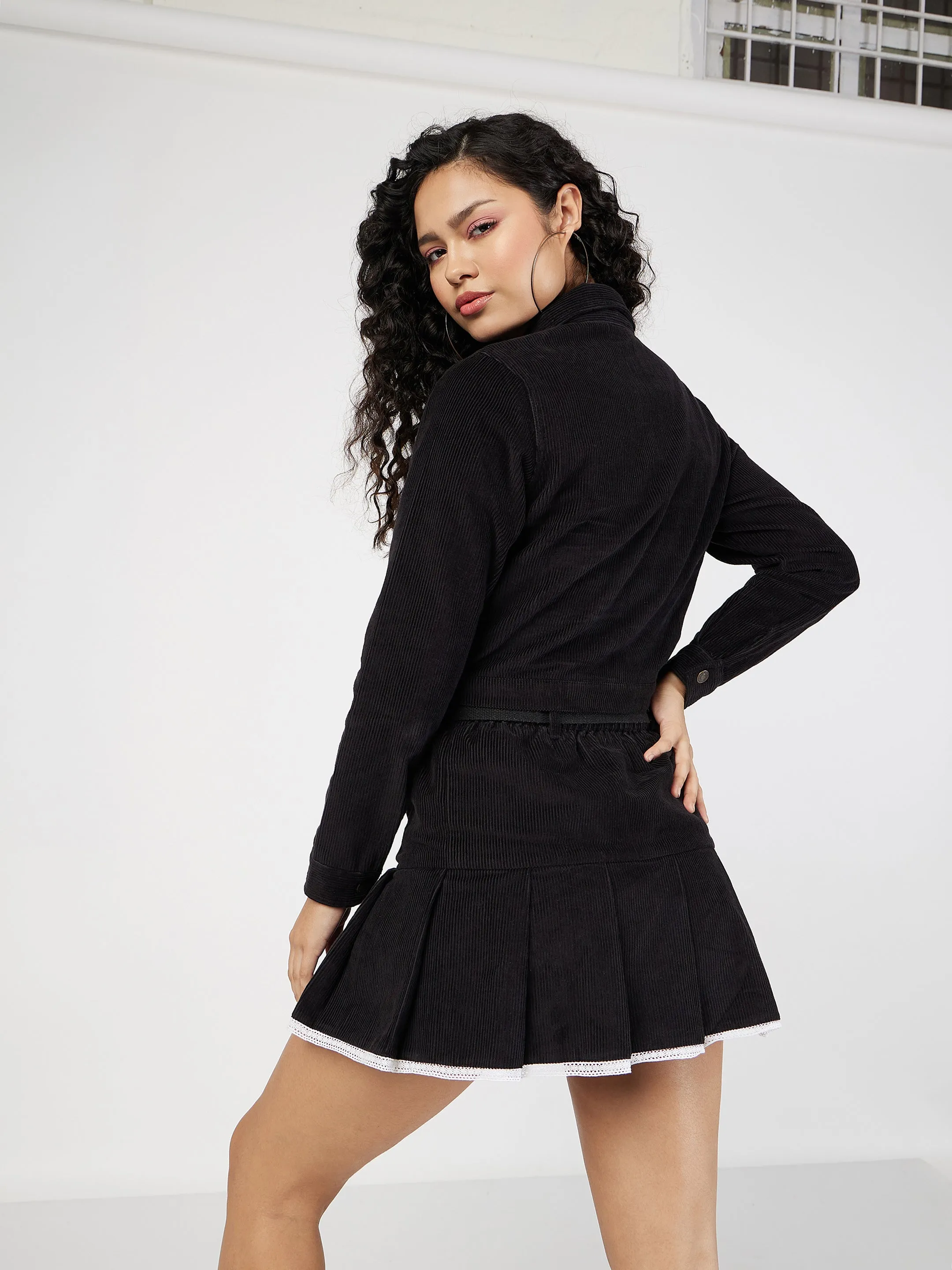 Women Black Corduroy Boxy Jacket