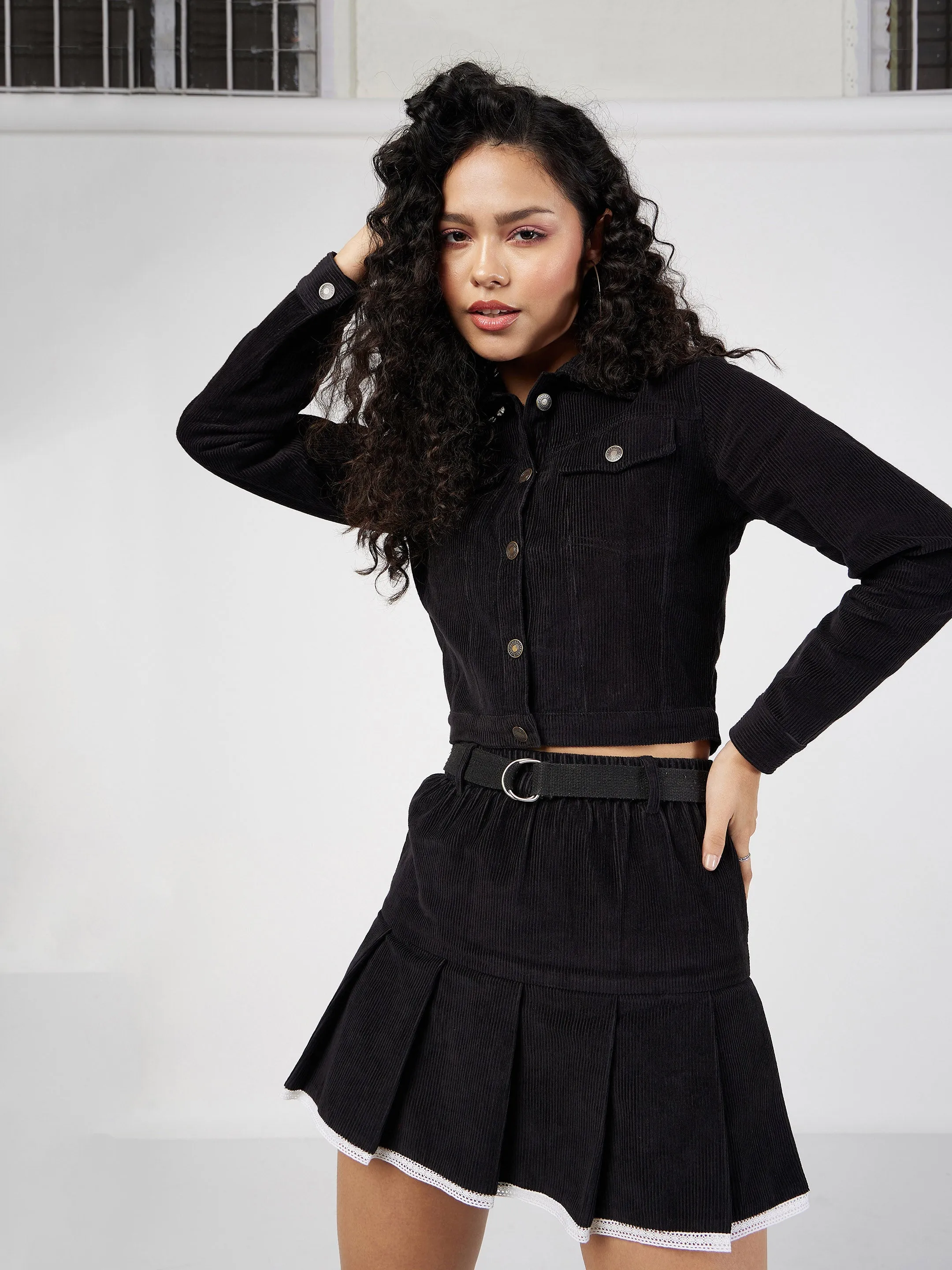 Women Black Corduroy Boxy Jacket