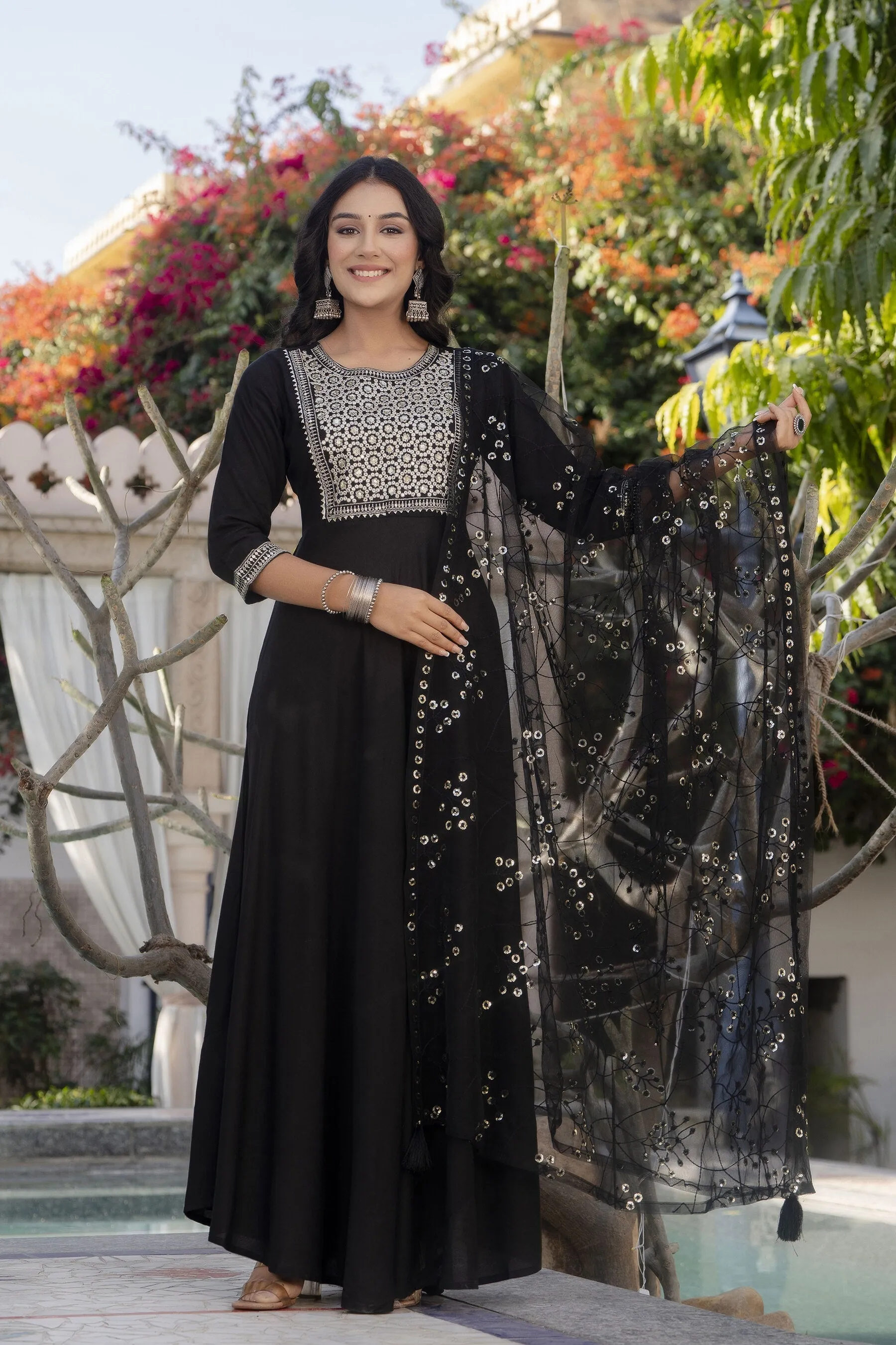 Women Black Embroidered Solid Dress With Net Secquanc Dupatta