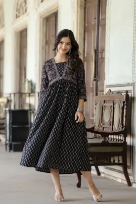 Women Black Ethnic Printed Flared Dress