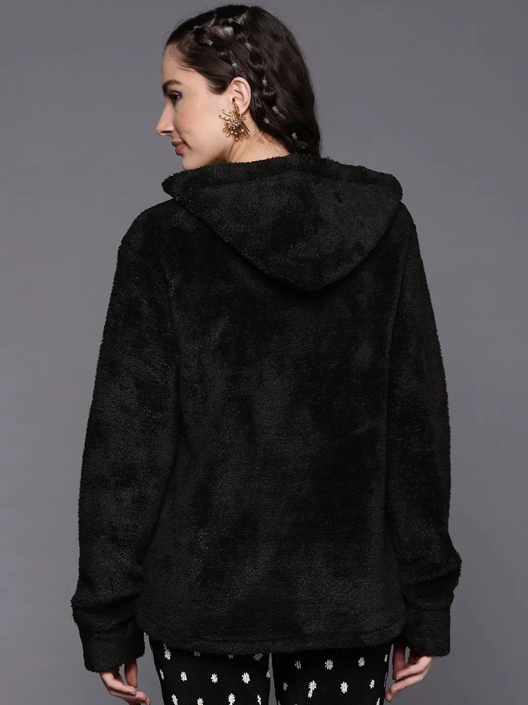 Women Black Faux Fur Front Button Hooded Jacket