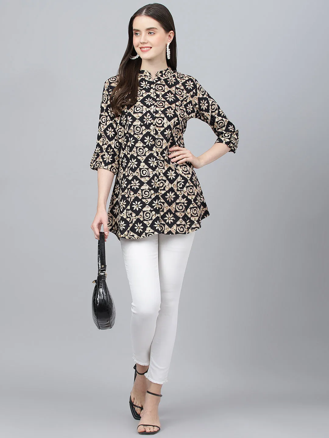 Women Black Floral Printed Rayon A-Line Shirts Style Top