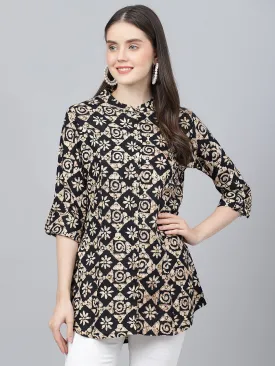 Women Black Floral Printed Rayon A-Line Shirts Style Top