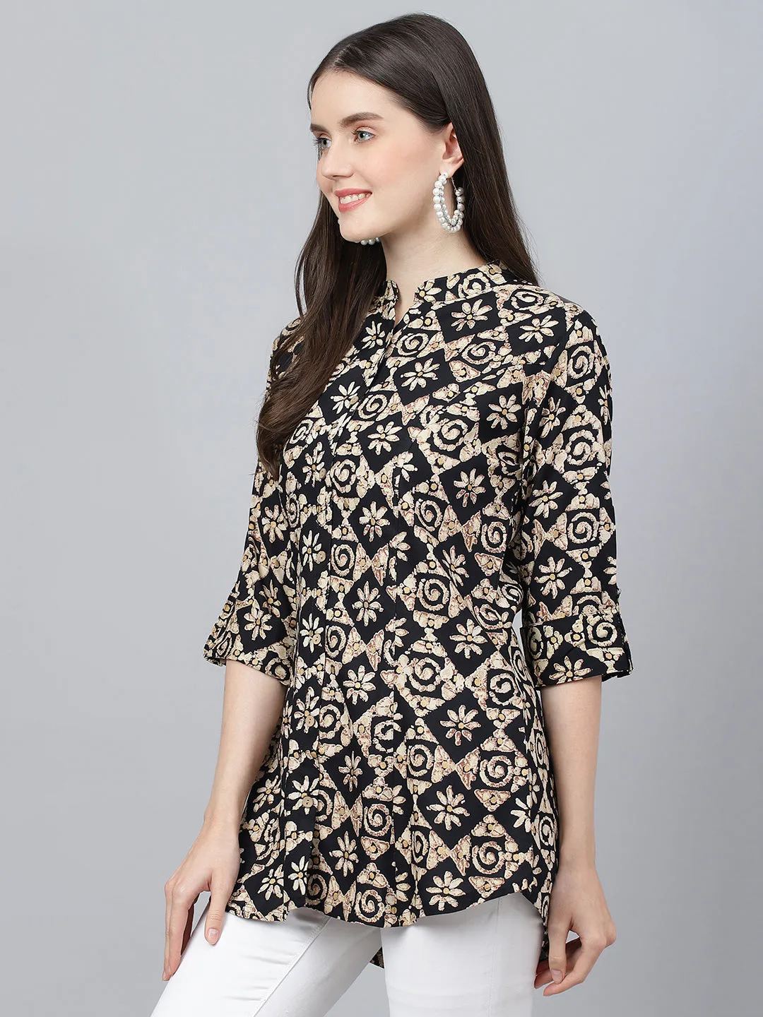 Women Black Floral Printed Rayon A-Line Shirts Style Top