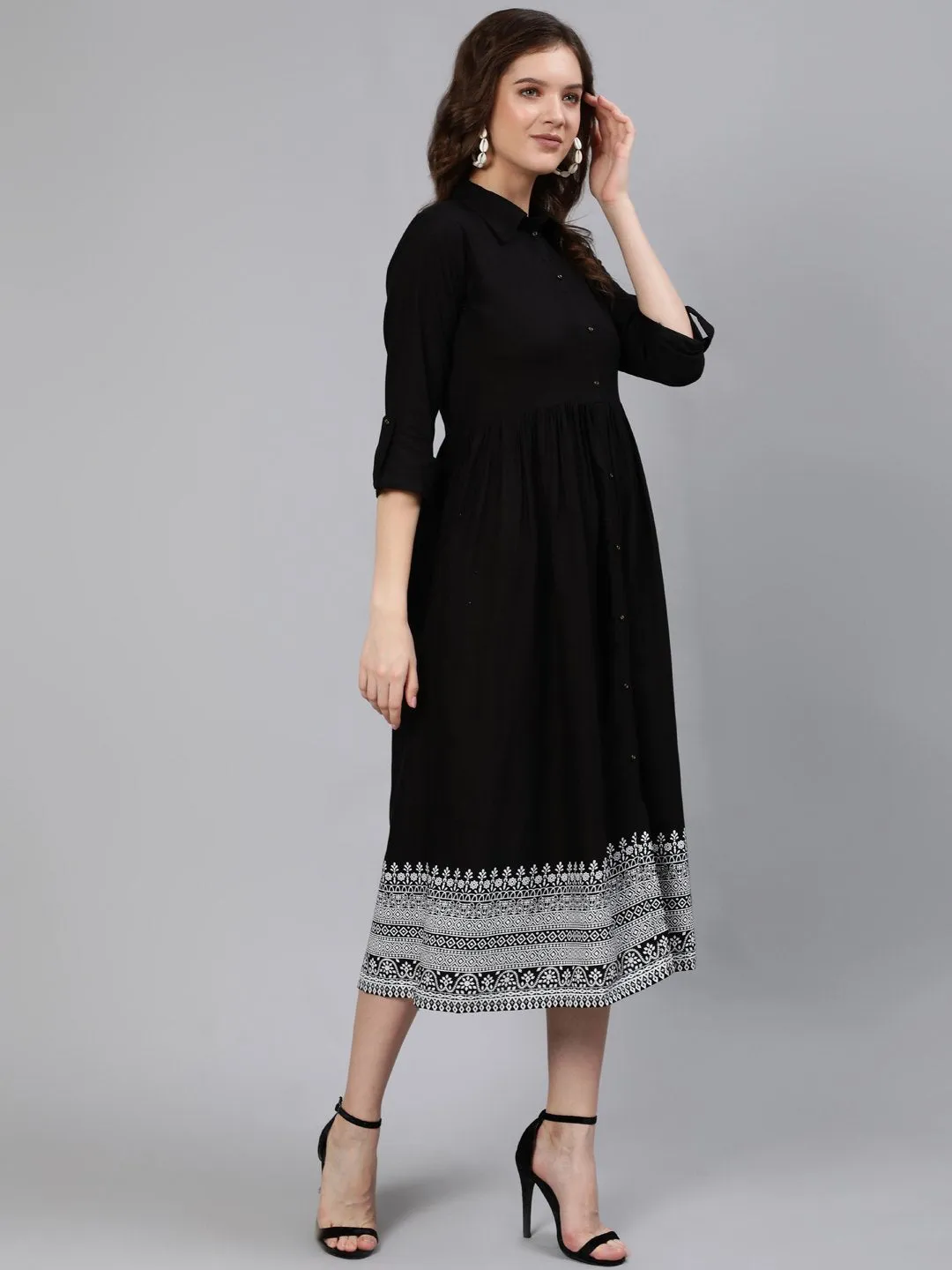 Women Black Midi Dress With Three Quarter Sleeves