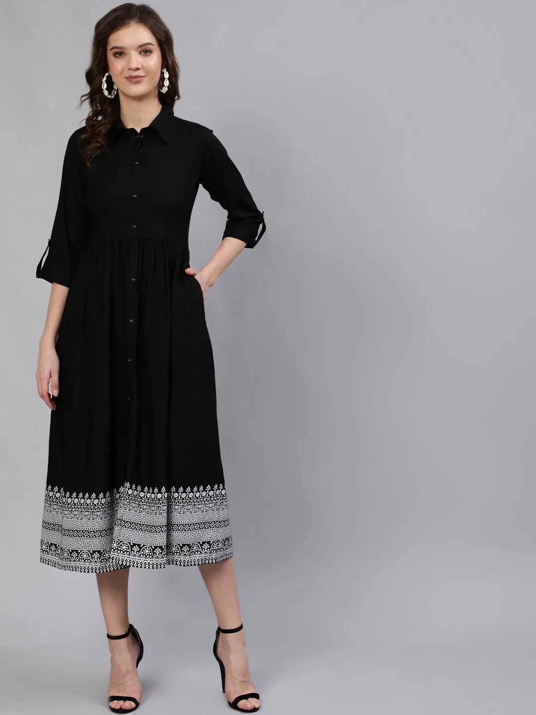 Women Black Midi Dress With Three Quarter Sleeves