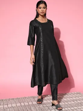 Women Black Mirror Embroidered A-Line Kurta With Pants