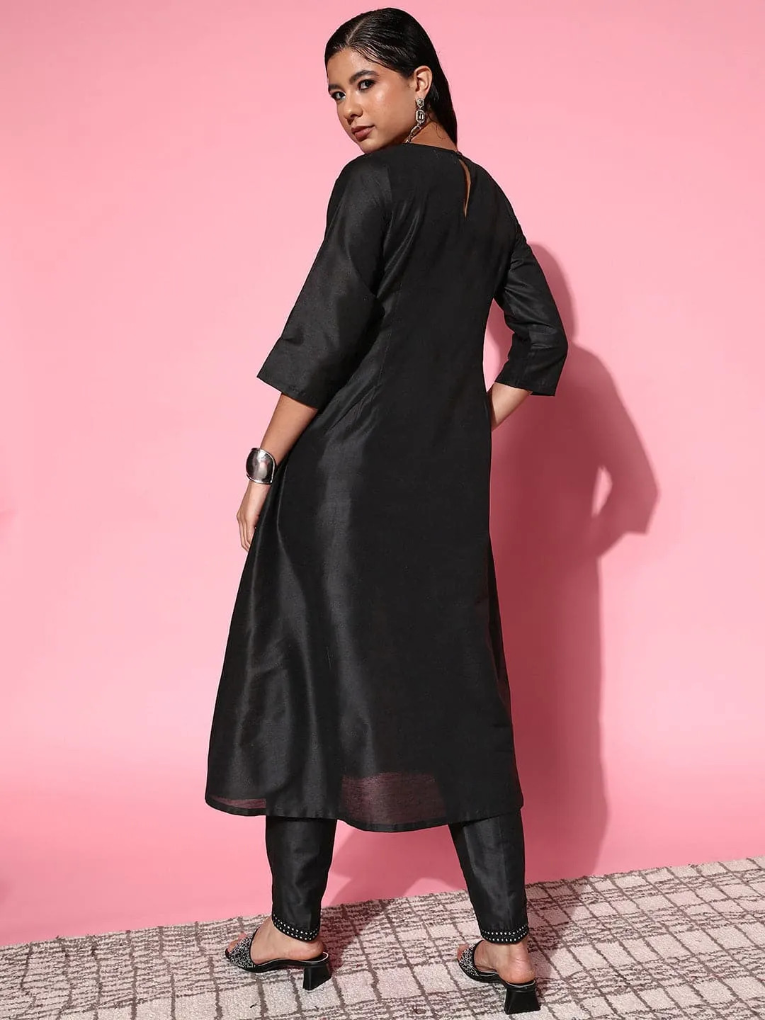 Women Black Mirror Embroidered A-Line Kurta With Pants