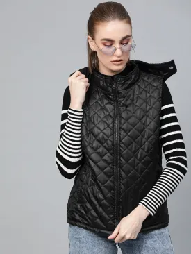 Women Black Quilted Sleeveless Hood Jacket