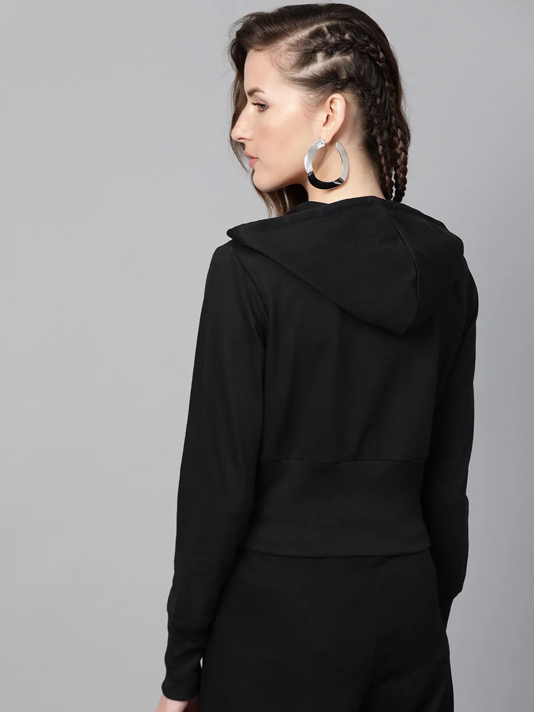 Women Black Terry Hooded Jacket