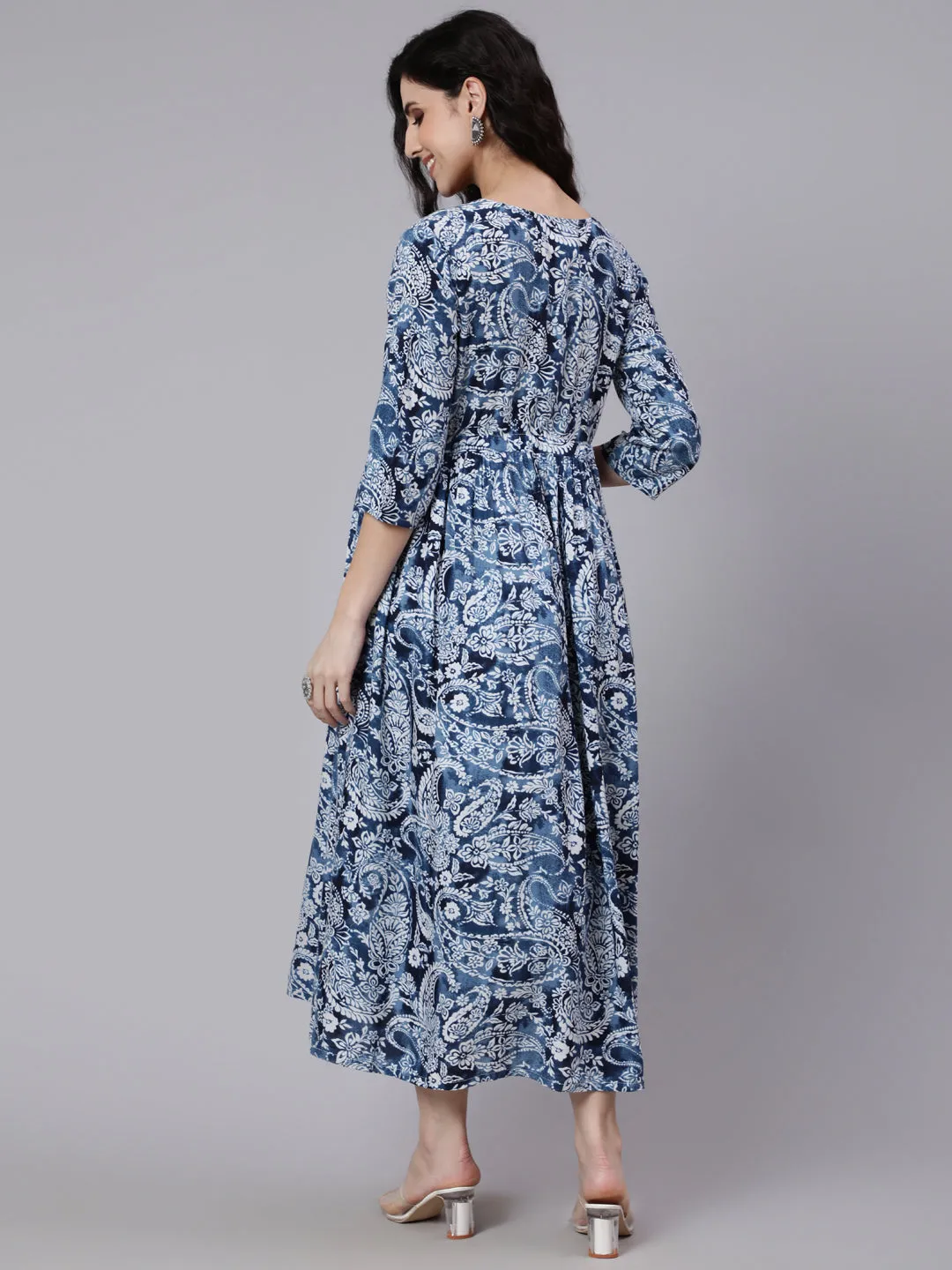 Women Blue Ethnic Mothif Printed Maternity Dress